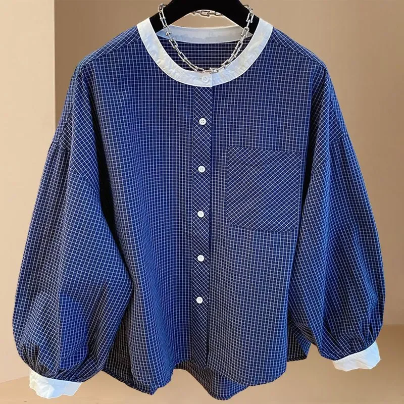 

Осень 2023, новая универсальная модная лоскутная блузка с круглым вырезом и длинными рукавами, женская повседневная корейская клетчатая женская рубашка на пуговицах, топы
