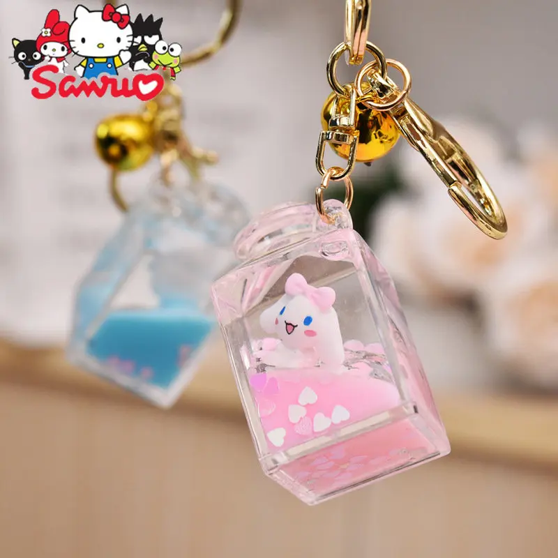 MINISO Hello Kitty Cute Acrylic Oil Wishing Bottle Key Chain Creative Cartoon Couple Bag Pendant Car Hanging Schoolbag Gift Toy