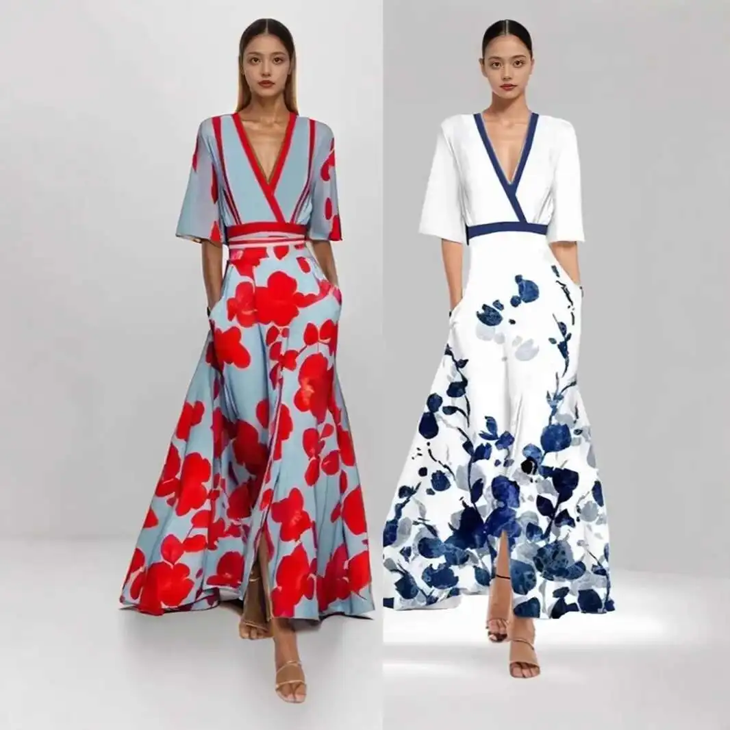 

2025 Women's New Fashionable and Elegant Temperament Printed Pleated Lace Up Big Skirt Dress for Women Robe Vestido Women Party