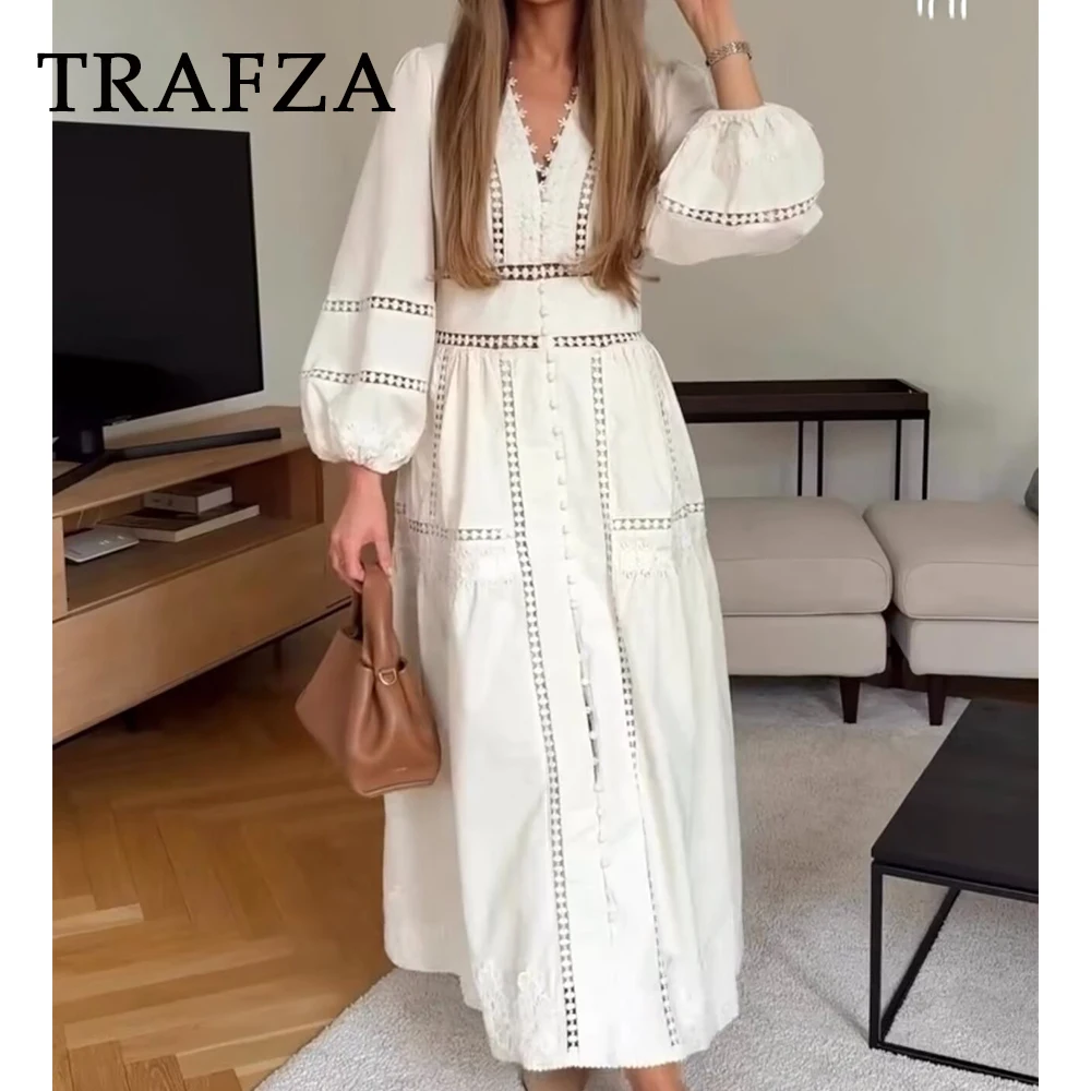 

TRAFZA Chic White Hollow Out Woman Loose Dress Holiday Bohe Party Long Dress Fashion 2025 Lace V-Neck Birthday Mujer Vestidos