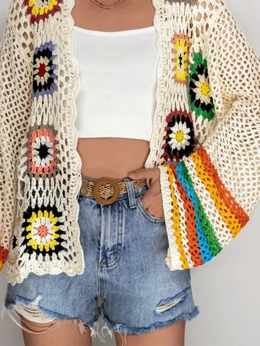 Y2k 할로우 니트 크로셰 스웨터, 여성용 2025 가디건, 용수철 및 가을 패션 블라우스 탑, 2000 년대 빈티지 비치 커버업