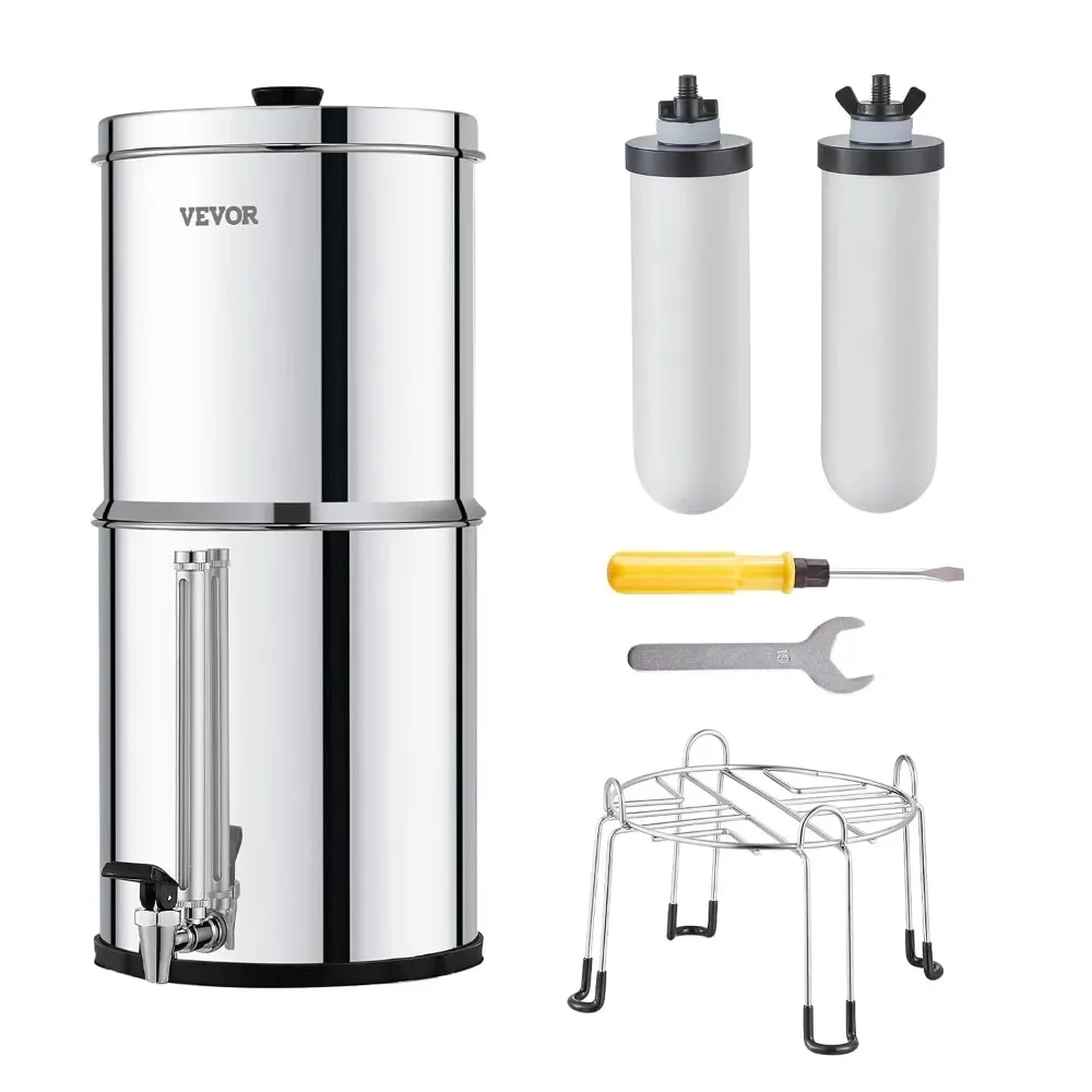 

VEVOR Gravity-fed Water Filter System, 2.25G 304 Stainless-Steel Countertop Water Filtration System, Reduces Lead and up to 99%