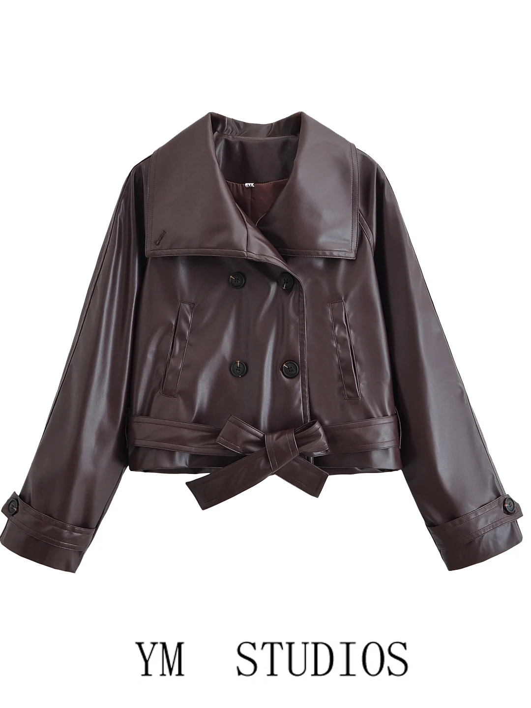 

American Sle Biker Jaet ort Waist Belt Double Row Buttons Women's Leather Coat Retro Sle Long Sve Flip Collar