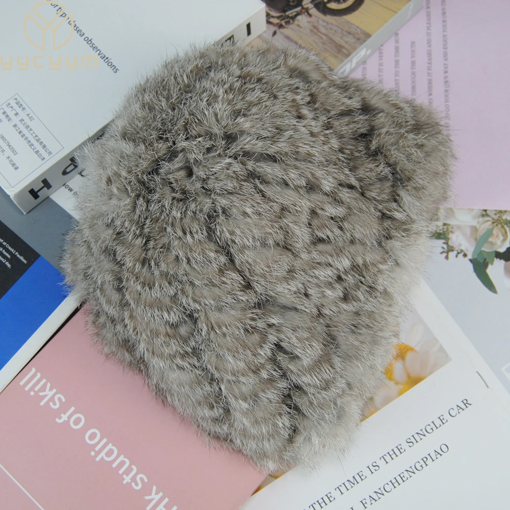 Gorro de piel de conejo auténtica tejido de nuevo estilo para mujer, gorros de piel de conejo cálidos naturales, gorro de piel de conejo auténtica de invierno de estilo coreano