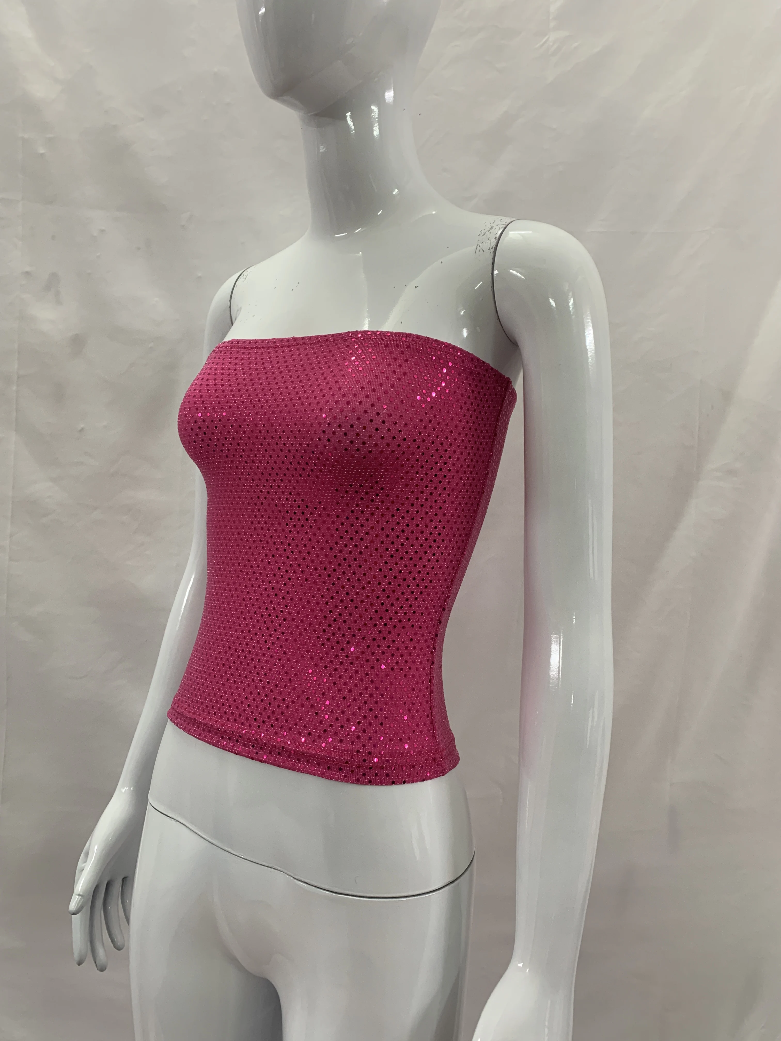 Y2K Hot Girl Style Rose‑Red Holographic Sparkle Sequin Bandeau Top Nightclub Party Slim Elastic Strapless Cropped Tube Top
