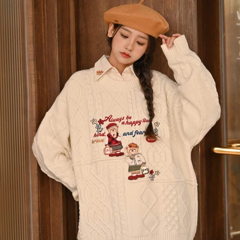 Harajuku Lolita maglione lavorato a maglia JK donne giapponesi stile preppy orso cartone animato ricamo pullover autunno inverno maglieria Y2k top