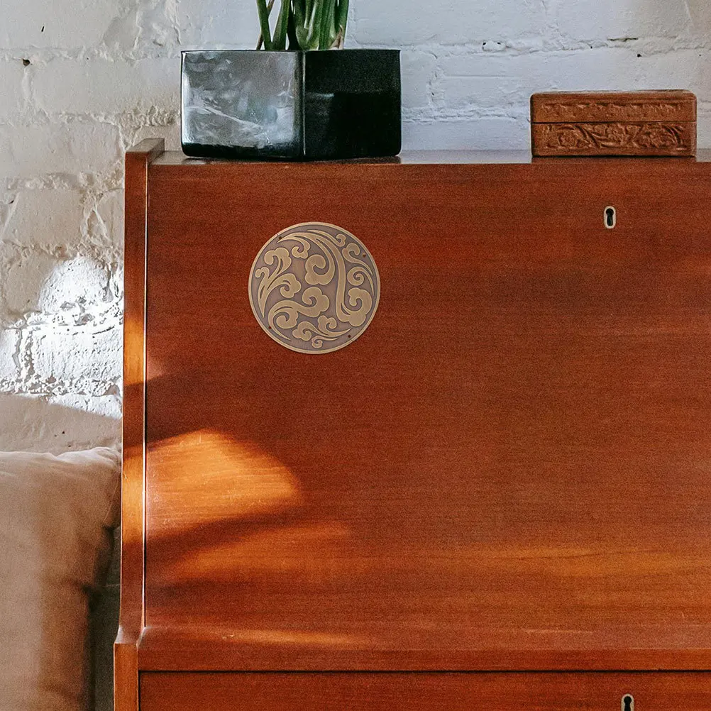 

Vintage Chinese Style Brass Cabinet Door Applique Round Carved Decor Decorative Applique for Furniture DIY Cabinet DIY Material