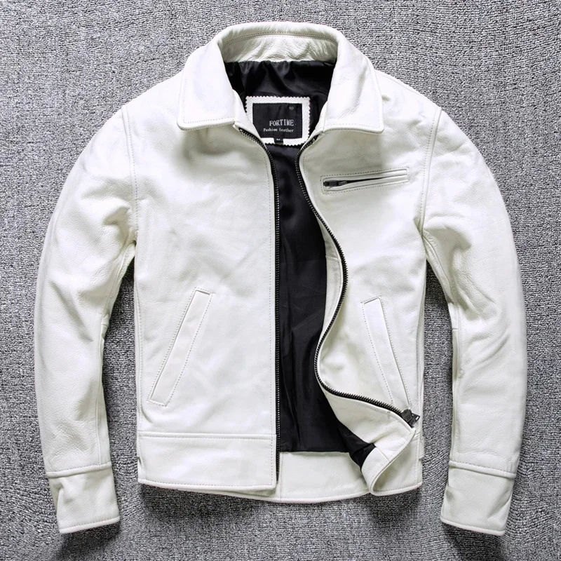 Men's Casual Slim White Genuine Leather Jacket Fashion Real Cowhide Vintage Dovetail Motorcycle Biker Coat Autumn