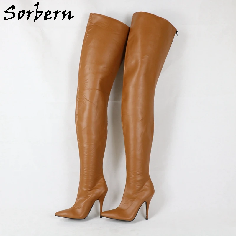 

Sorbern Brown Rear Zipper Boots Women Hard Shaft Length Pointed Toe High Heel Stilettos Thick Lining Fetish Drag Queen Boot