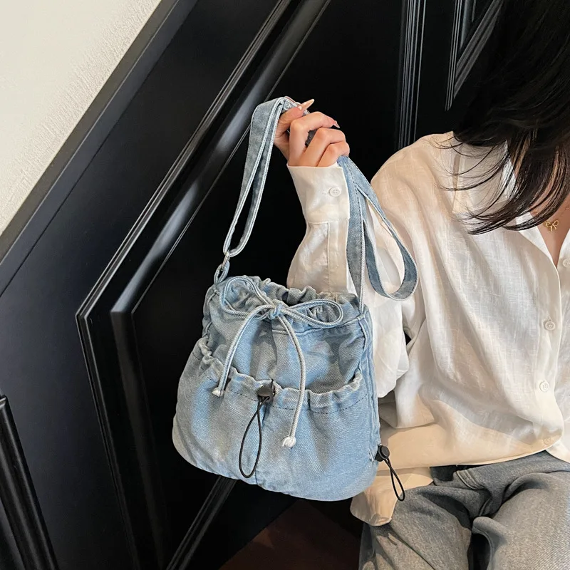 

2025 Unique Drawstring Bucket Bag Stylish Denim Crossbody Shoulder Bag Trendy Wrinkled Hobo Purse for Women