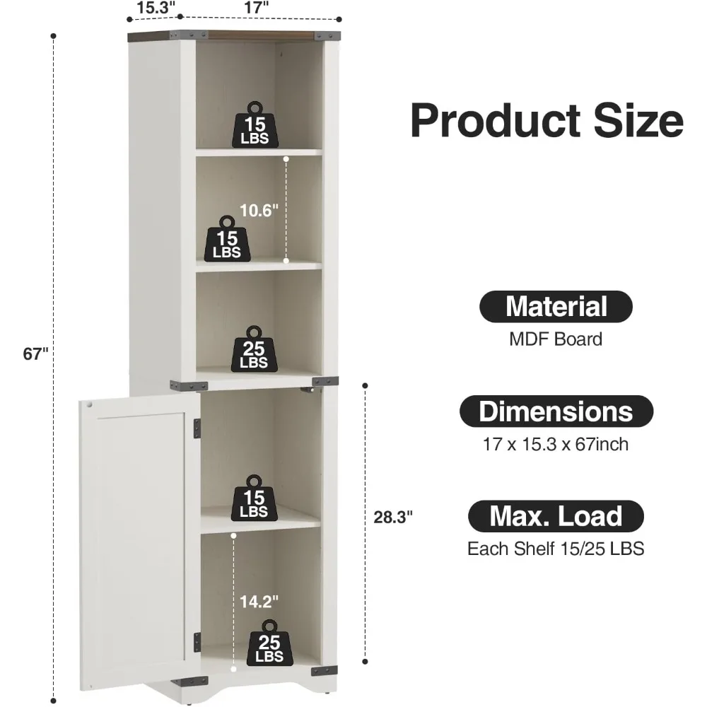 Narrow Bookshelf with Cabinet, Farmhouse Bookcase with Storage, Open Display Shelf, 67'' Tall Bathroom Storage Cabinet