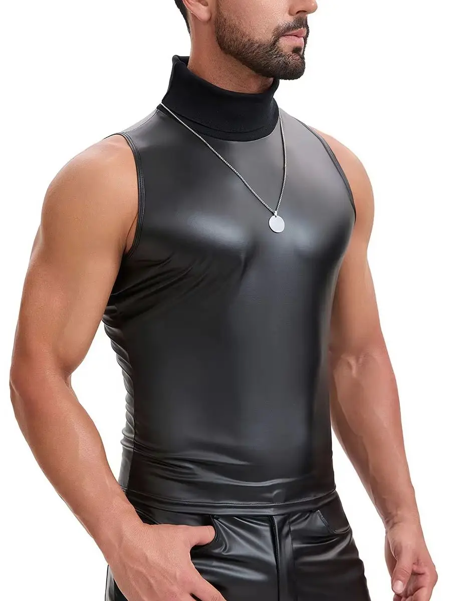 S-7XL Rollkragen Elastisches PU-Leder Tanktop Enganliegende Fitness-Tanktops Shapewear Hip-Hop Motorrad-Weste Ärmellose Muskelshirts