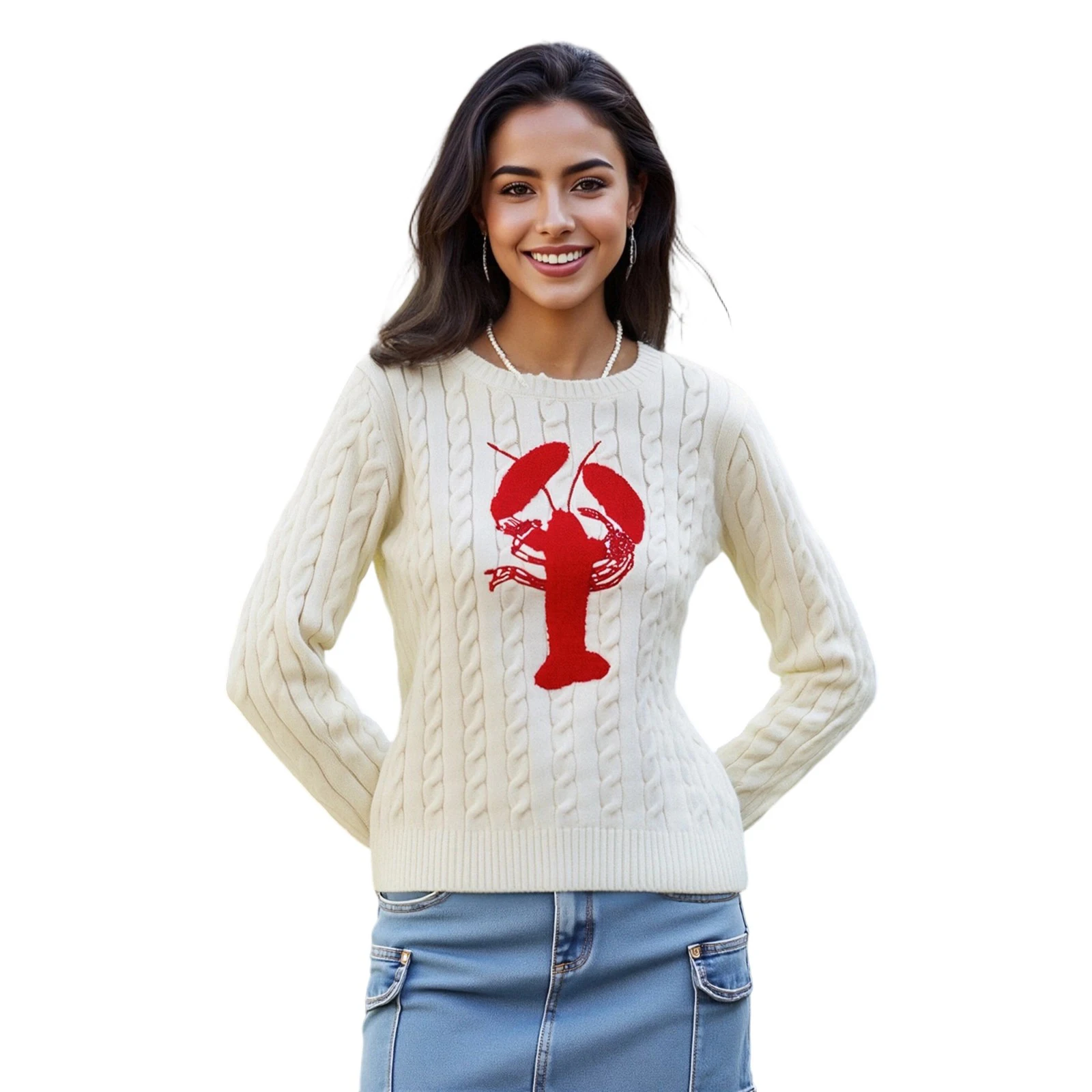 Mommy and Me Matching Sweaters Stylish Lobster Print Crew Neck Long Sleeve Knitted Pullover