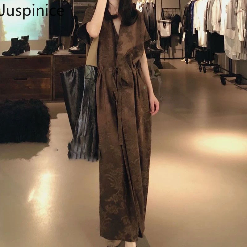

Spring Summer Drawstring Waist Dark Brown Dress Fashion Women's Loose Casual High Street Personalized Dress Female Clothes