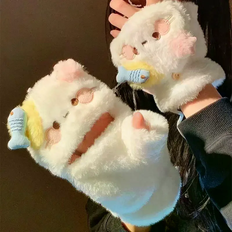 Gloves Women Lovely Cat Cartoon Flip Plush Warm Cold Student Winter Outdoor Soft Thickened Half Finger Touchscreen 2026 New