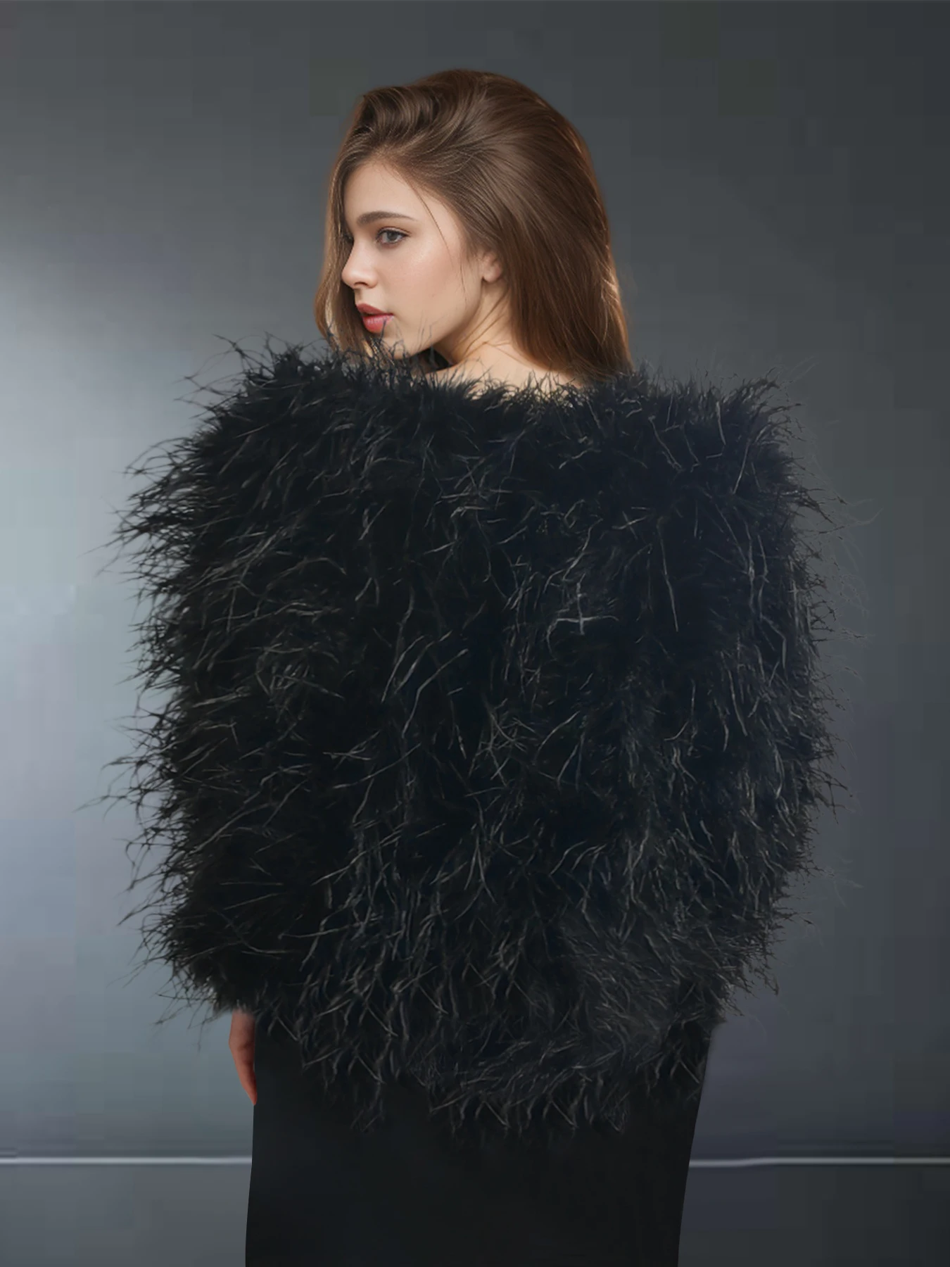 100% Ostrich Fur Jacket coat Large shoulder pad design Long Sleeve Imported Ostrich Fur Women\'s real fur coat Size Customizable