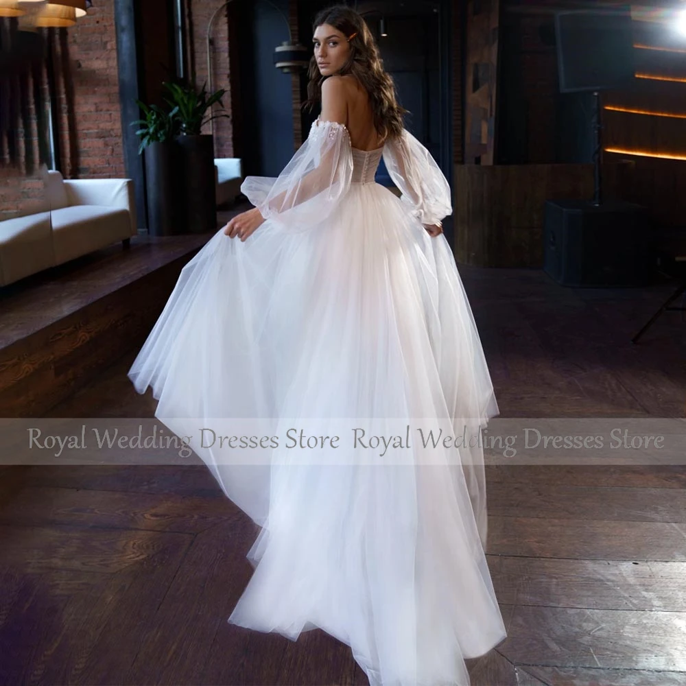 Boho Wedding Dresses for Women 2023 Bride V Neck Puff Sleeves  Gowns Long White Tulle Side Slit Applique Bridal Dress