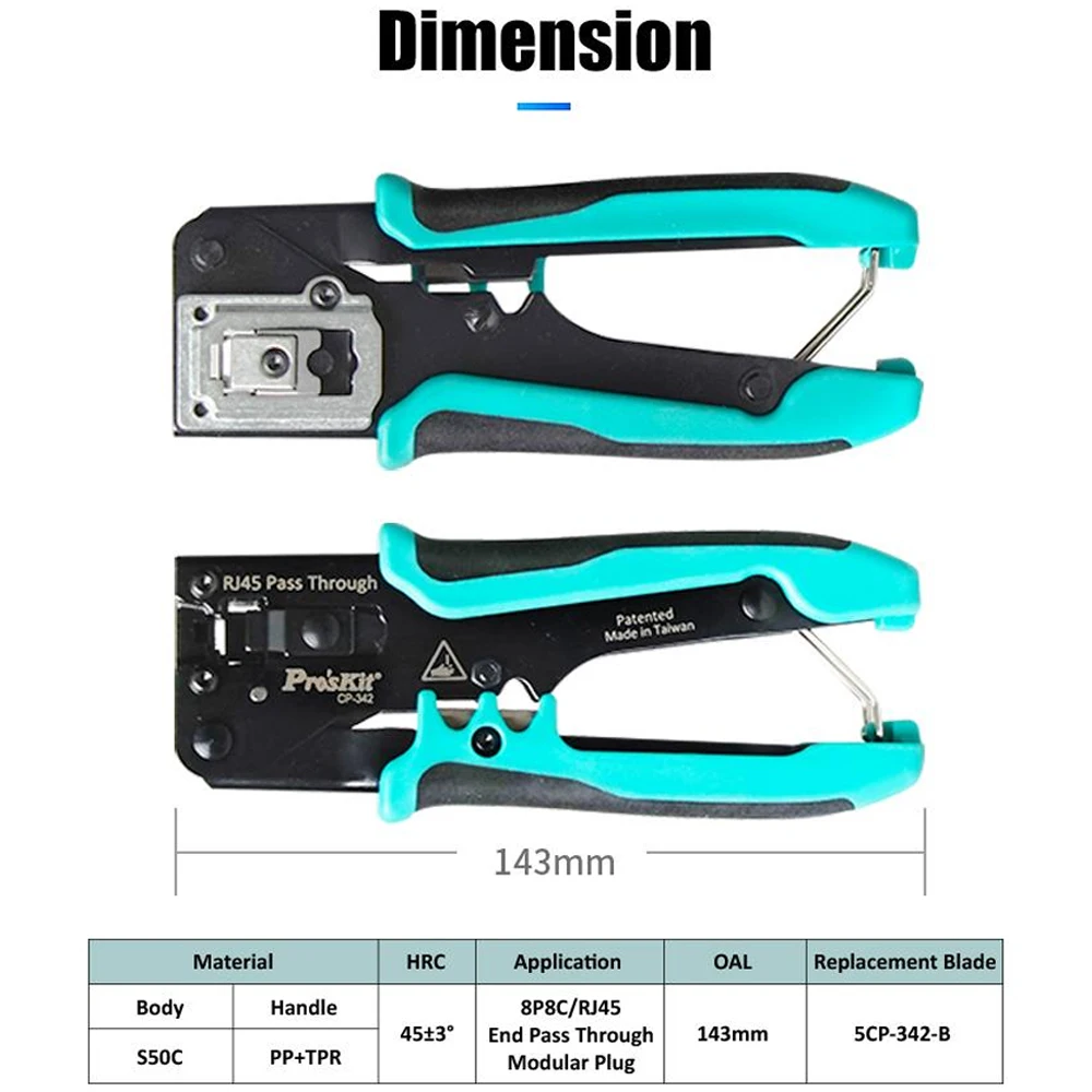 ProsKit-Alicates de prensado de Cable de CP-342, herramienta de prensado de cabeza de cristal perforada, 8P8C, RJ45, pelacables de red LAN Ethernet