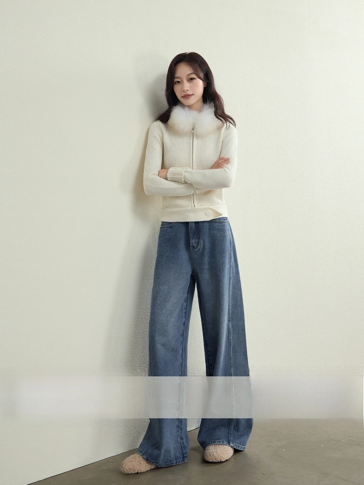 

Свободные прямые синие джинсы для женщин, широкие брюки с высокой талией, струящиеся, свободного кроя, визуально стройнящие, простые, натуральные.