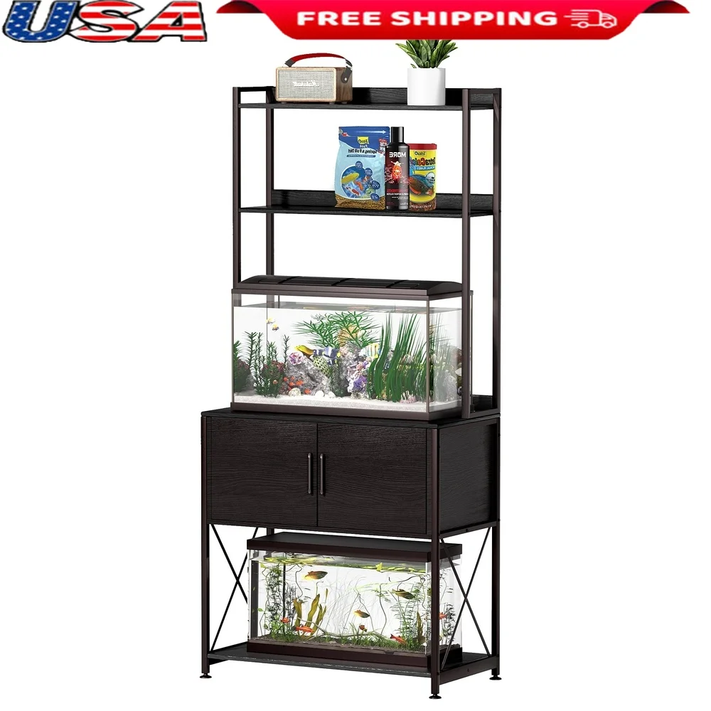 

Sturdy Metal and Wood Fish Tank Stand 20-29 Gallon Aquariums with Storage Cabinet and Two Shelves Supplies