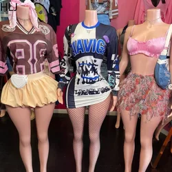 HLJ Spring Summer Fashion Letter Print 2 Piece Sets Woman Outfit Short Sleeve V-Neck Top + Bubble Skirts Suit Female Streetwear