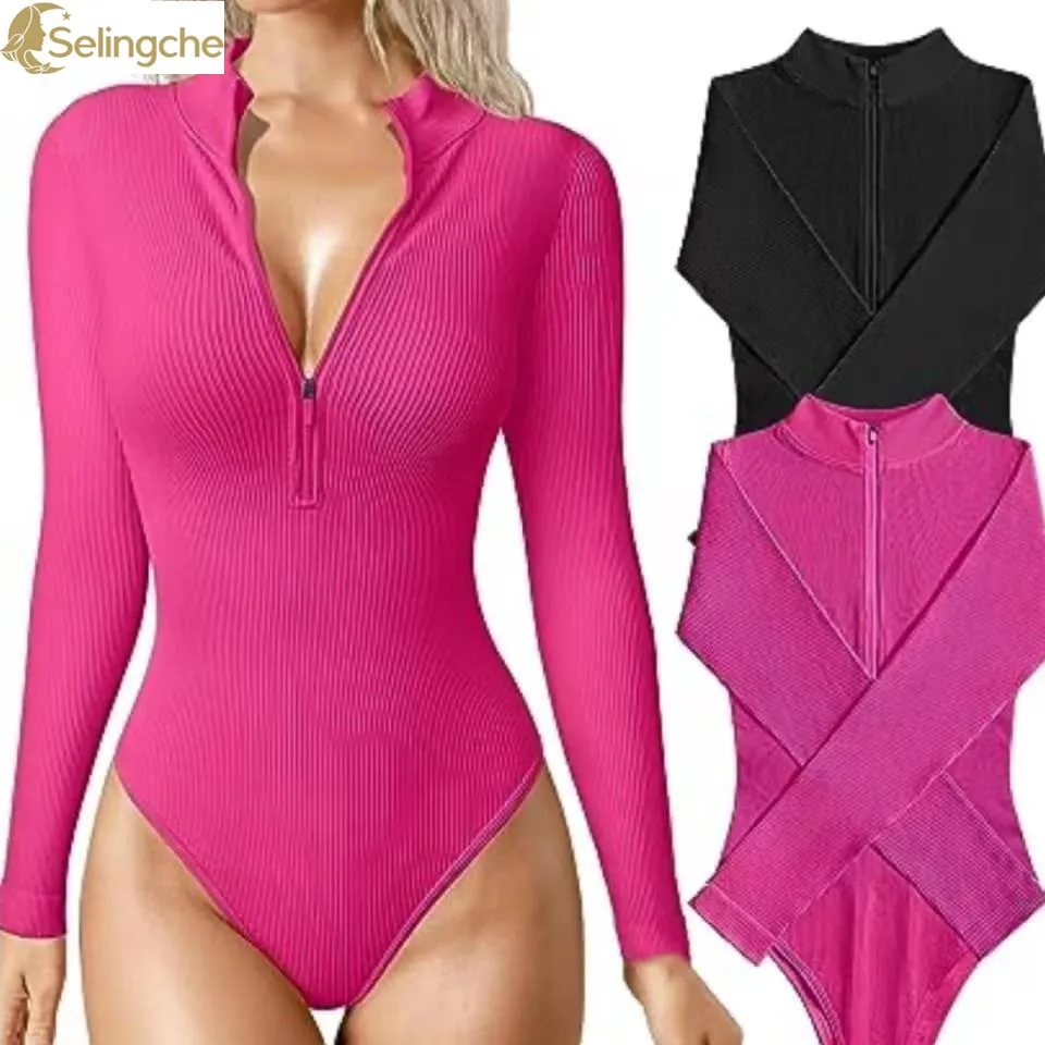 Spring/Summer 2024 European and American Long Sleeved Jumpsuit Sexy Ribbed Jumpsuit Front Zipper Long Sleeved Top Jumpsuit