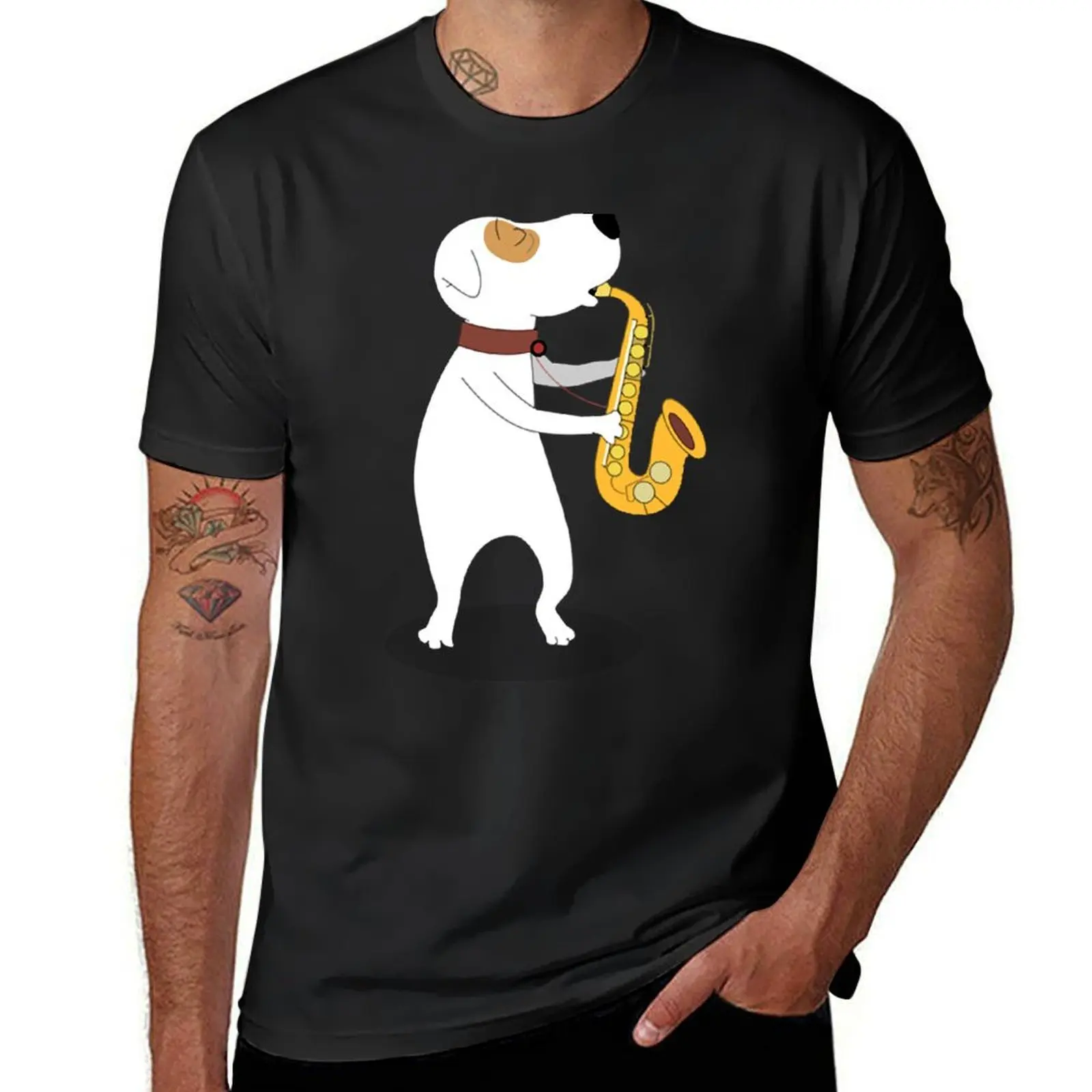 

Dog with sax T-Shirt cute tops vintage summer tops Men's t-shirt