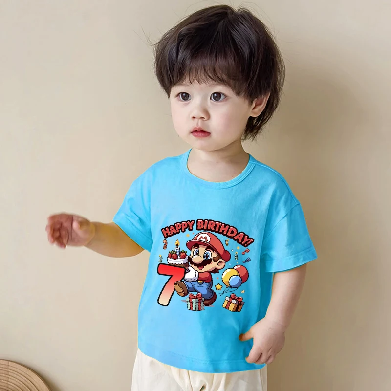 سوبر ماريوس بروس الاطفال عيد ميلاد القطن تي شيرت الصبي عدد قصيرة الأكمام المحملة أنيمي ملابس الأطفال الكرتون طفل الصيف قمم