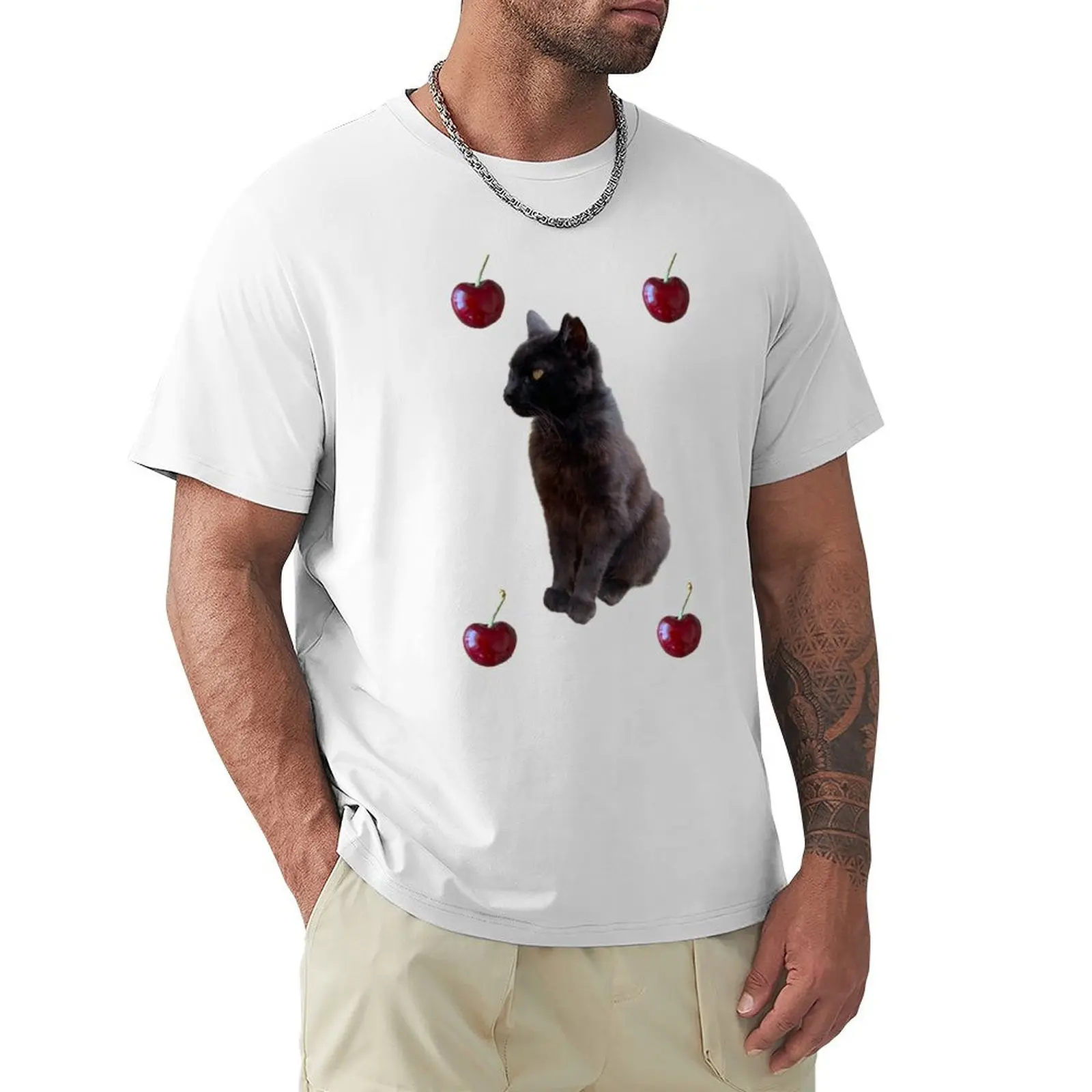 The black cat and cherries T-shirt quick-drying korean fashion sports fans Short sleeve tee men workout shirt