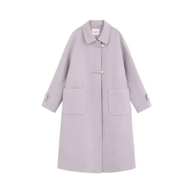 Sweet Style Heart Button Wool Coat Women Fall Winter Loose Fit Turn-Down Collar Elegant Casual High-End Long Overcoat 2025 New