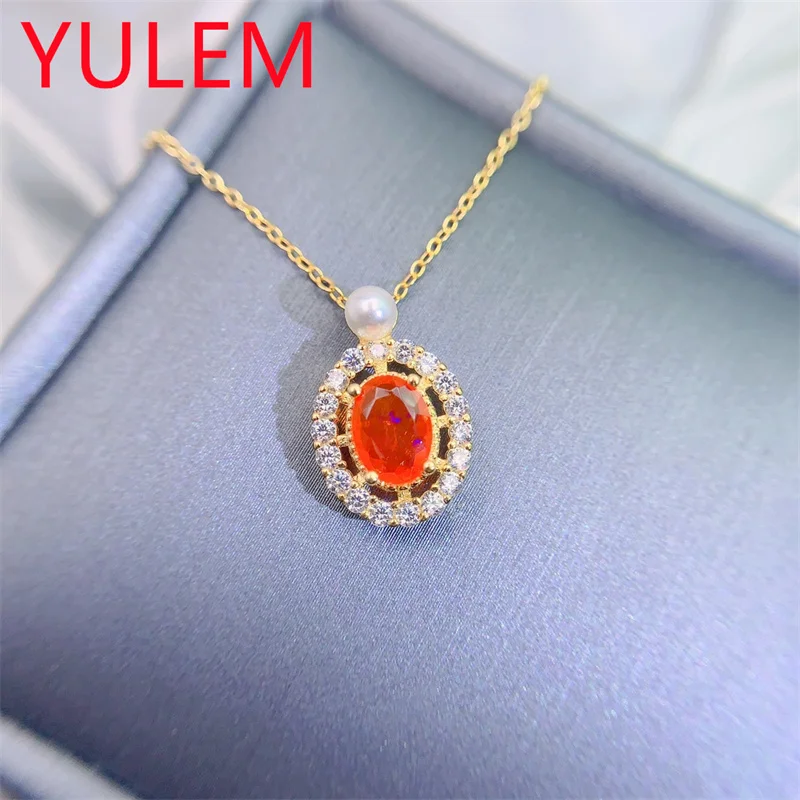 Elegant Natural Orange Opal Pendant 925 Silver Sterling Gemstone Oval 5*7mm Necklace for Women Party Birthday Jewelry Gif