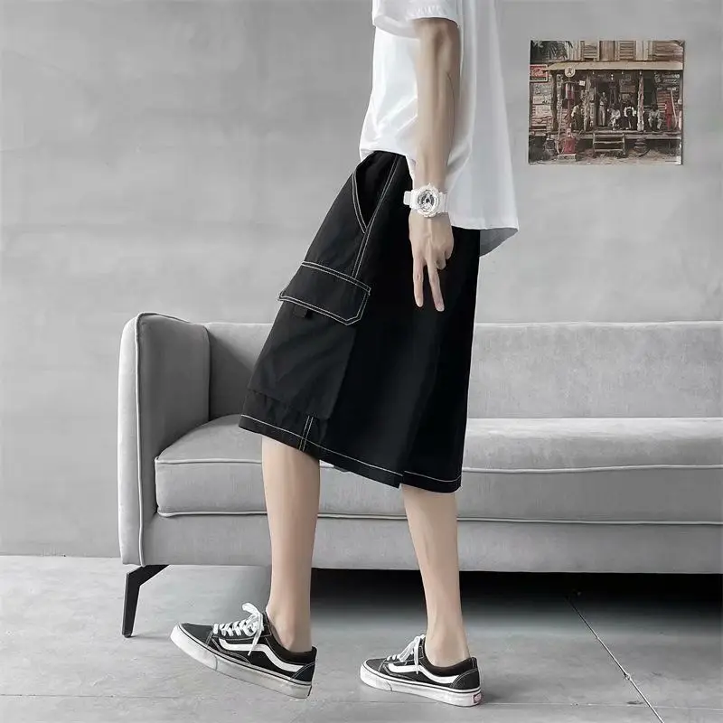 Japanese Style Summer Elastic Waist Pockets Solid Color Bright Line Decoration Knee Length Shorts Men's Loose Straight Pants