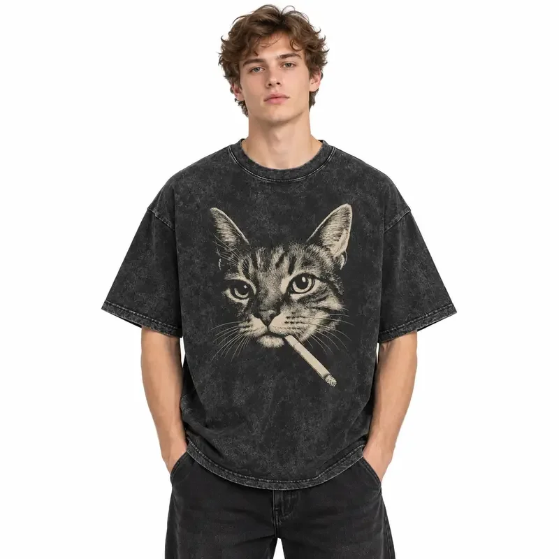 Men's Oversized Round-Neck Short-Sleeve Washed Cotton Graphic T-Shirt - Vintage Smoking Cat Eco-Print, Vintage Street Basics, Unisex Cut for Shared Closet Ease Casual Top