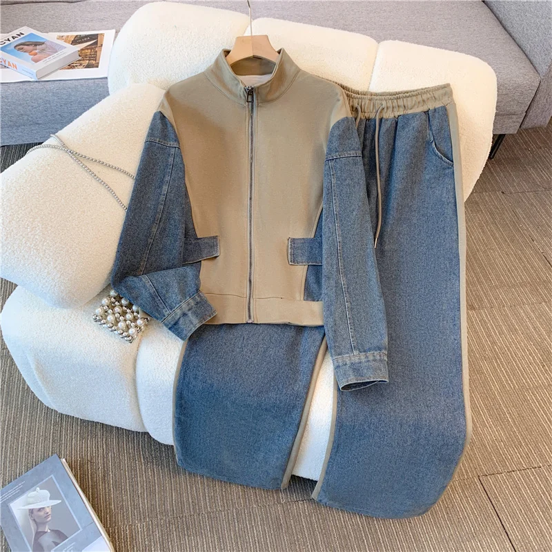 Denim Pants Sets Stand Collar Patchwork High Street Coats Tops Wide Leg Straight Gothic Jeans Vintage Simple Two-piece Set