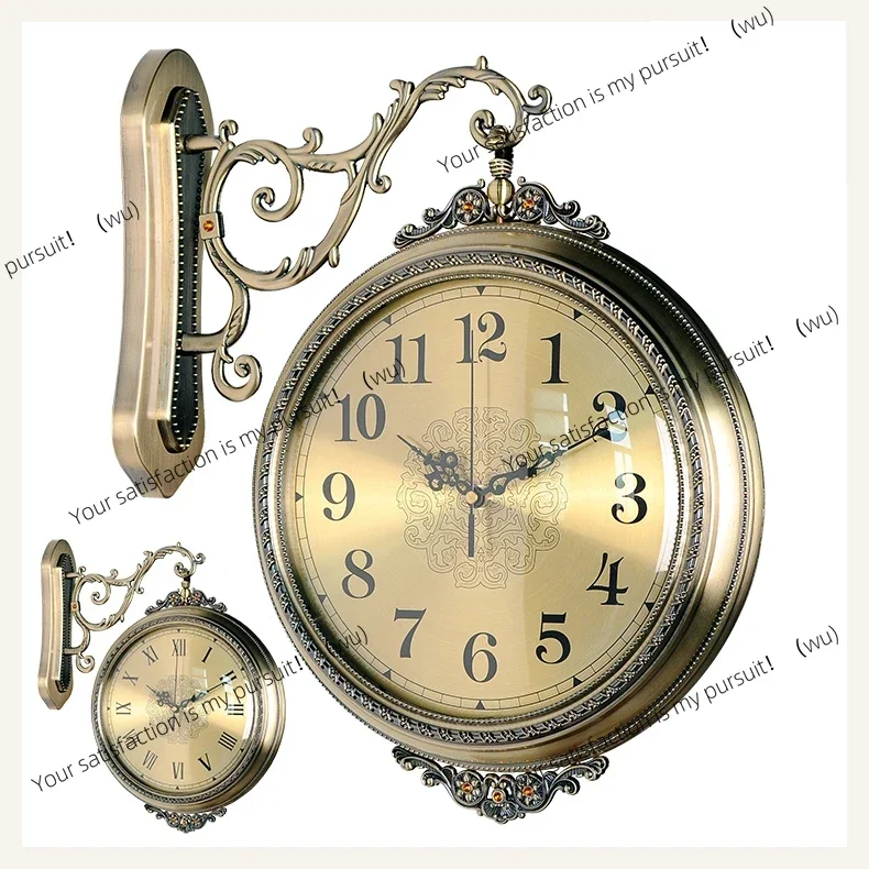 European Metal Double-sided Wall Clock Modern Living Room Retro Clock Creative Pendant Rotating Quartz Two-sided Clock Round