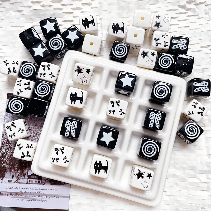 6pcs Black White Printed Beads Ins Style Square Acrylic Beads DIY Star Kitten Scattered Beads Loose Materials