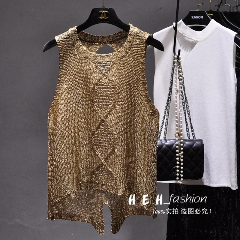 

Sexy Hollow Out Round Collar Split Sequins Condole Belt Vest Perspective Sequined Sleeveless Blouse Tank Top Woman crop women