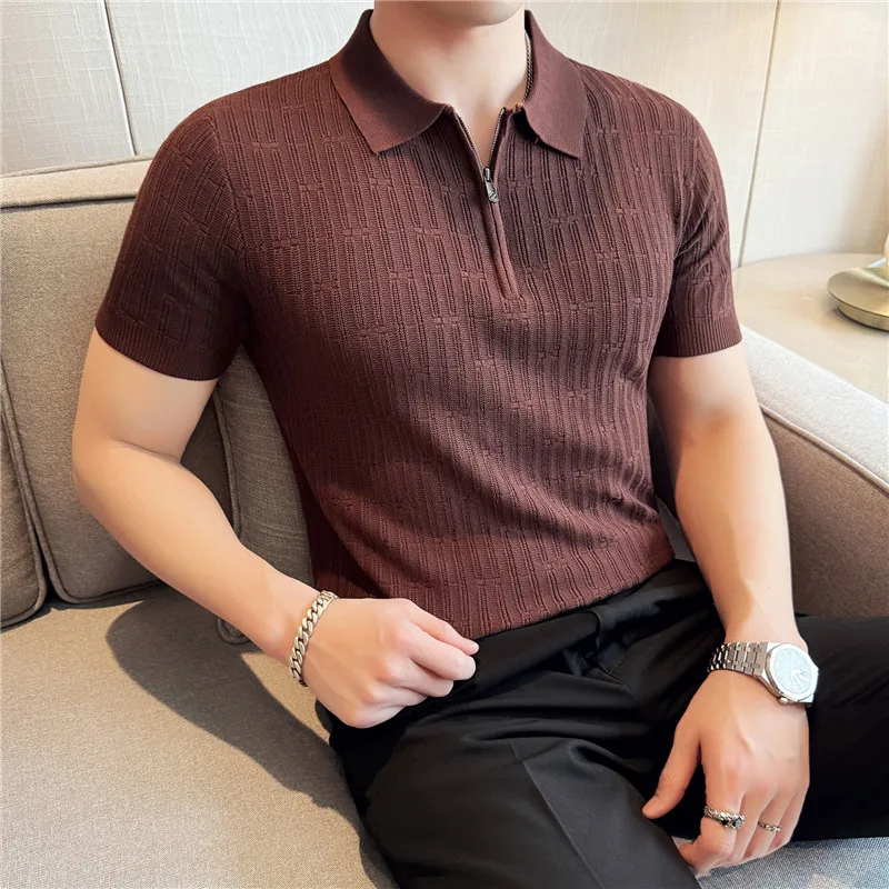 

Mens Knitted stripe Polo Shirt Short Sleeve 2025 Summer New Solid Casual Breathable Soft Light Thin Casual T Shirt Men Clothing