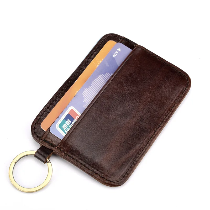 Genuine Leather Card Holder with Key Ring Mens Front Pocket Card Holder Purse Slim Wallet Men Mini Coin Wallet