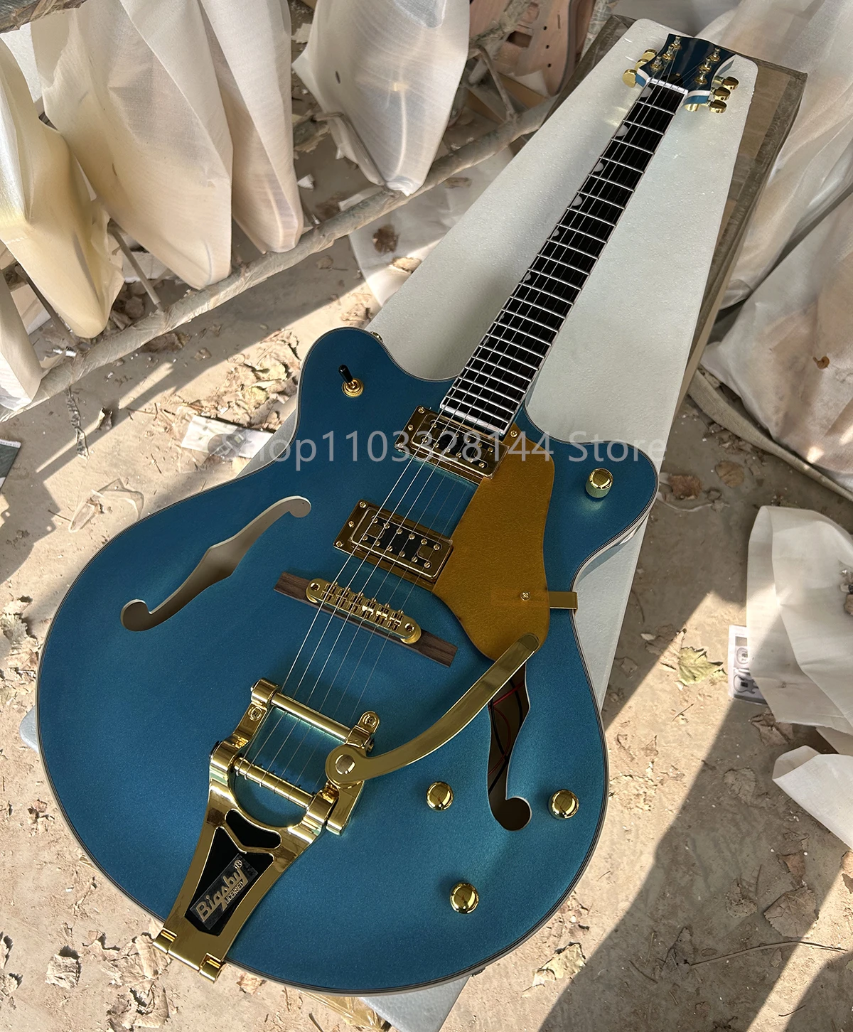 Factory Metal Blue Semi Hollow Body 6 Strings Electric Guitar Gold Pickguard Rosewood Fretboard Customizable