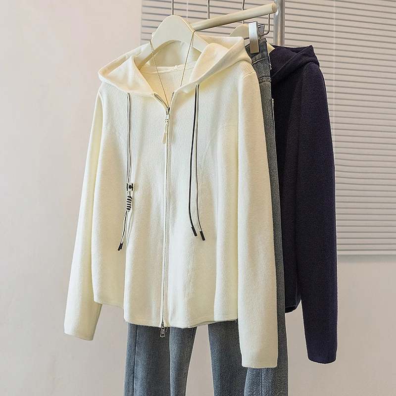 HKSH Hooded Knitted Top For Women Autumn New Zipper Long Sleeve High Street Elegant Tide Chic OverSized Sweater Cardigan HK10990