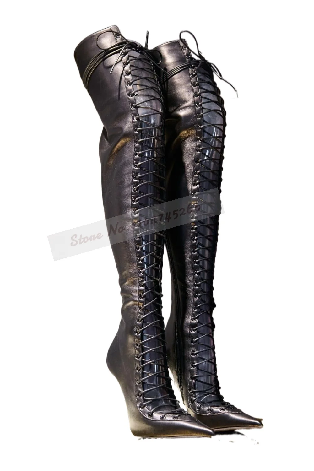 أسود ماتي جلدية ريترو ستايل فوق الركبة الأحذية المعدنية الخنجر الكعوب أشار تو الصليب تعادل الفخذ أحذية عالية محبوس الأحذية
