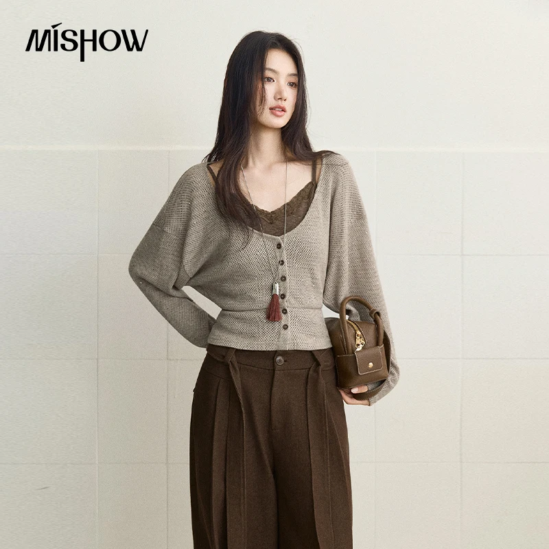MISHOW Women's Two‑piece Set 2026 Fall Shimmer Yarn Hollow‑out Knit Overlay with Lace Camisole Daily Matching Outfit MXF46T3259