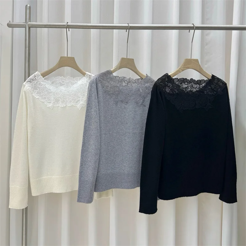 Damenpullover Neues, elastisches, gestricktes, schmal geschnittenes, langärmliges Oberteil für den Herbst 2025. Spitzen-Patchwork-Pullover mit einem Halsausschnitt aus Wollmischung