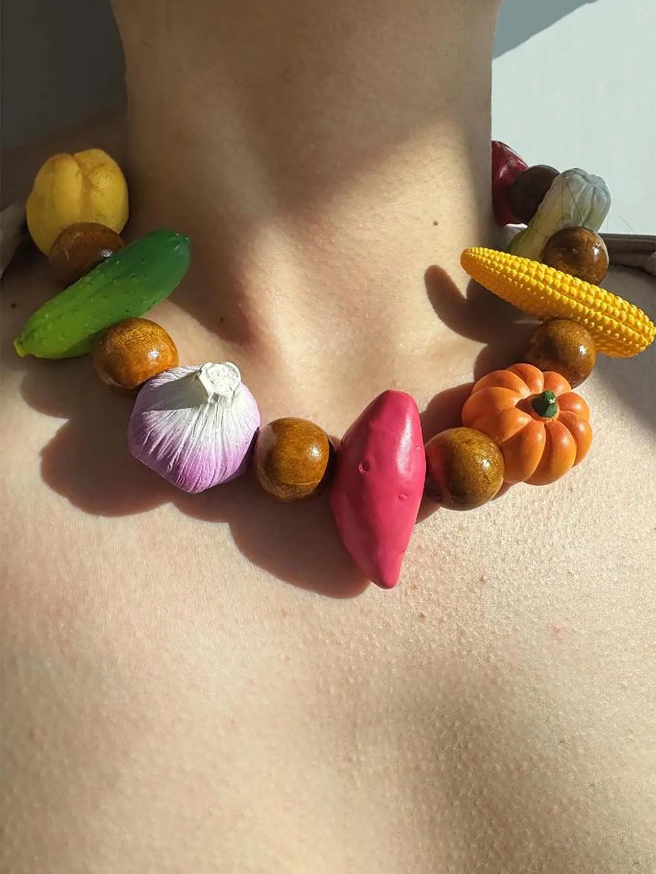 Colorful Beaded Necklace 3D Fruit Vegetable Designs, Corn, Cucumber, Onion, Bell Pepper, Y2K Jewelry For Women, Summer Vacation - view 2