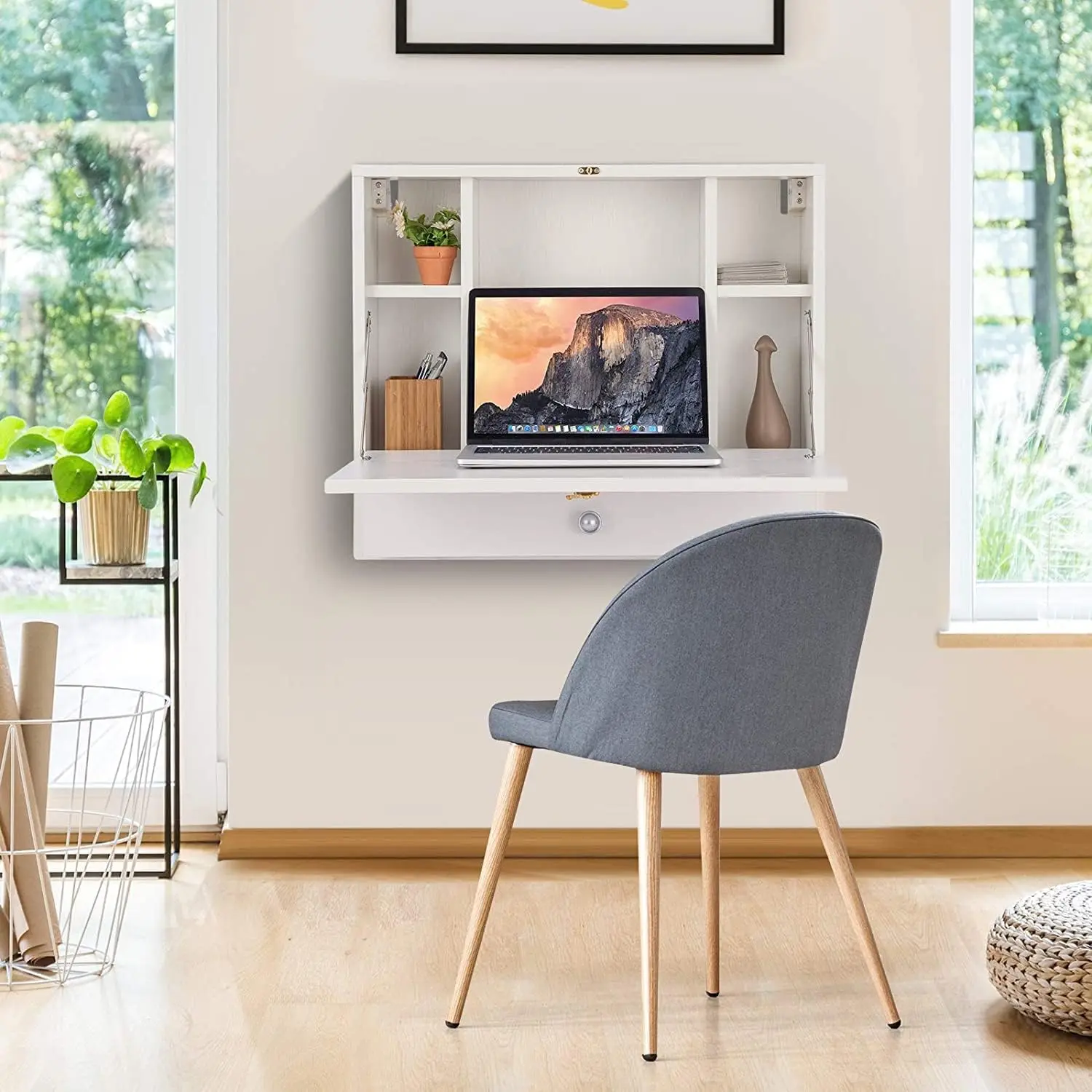 Graffy Wall Mounted Table, Multifunctional Folding Hanging Storage Cabinet, Space Saving Computer Desk W/Storage Drawer And