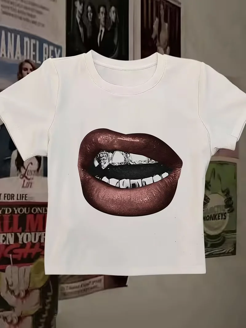 Plus Size Loose Fit Lip Pattern Print Oversized T Shirt Men Women Hip Hop Streetwear Casual Daily Wear Unisex Top view 2