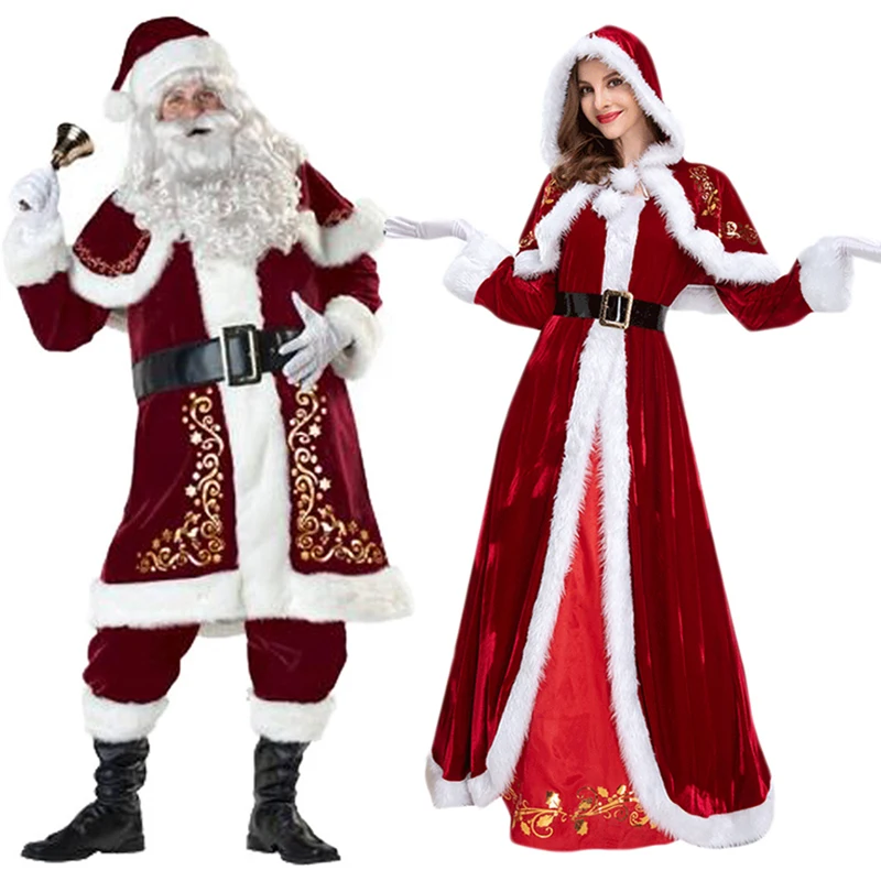 Christmas Santa Claus Cosplay Costume Adult Women Dress Hat Suit Man Role Play Outfit Uniform Xmas Full Set