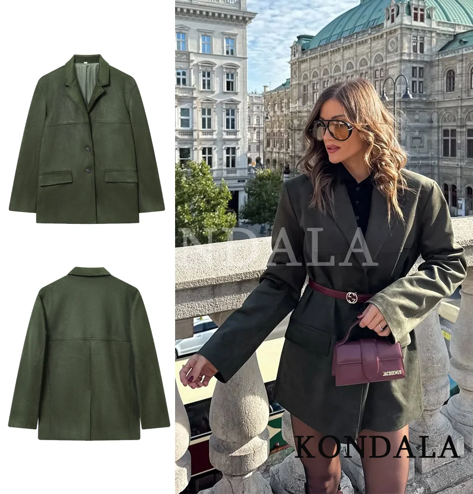 سترة KONDALA خريفية كلاسيكية باللون الأخضر الداكن سترة نسائية أنيقة بأزرار للتنقل لخريف وشتاء 2025 سترة نسائية عالية الشارع