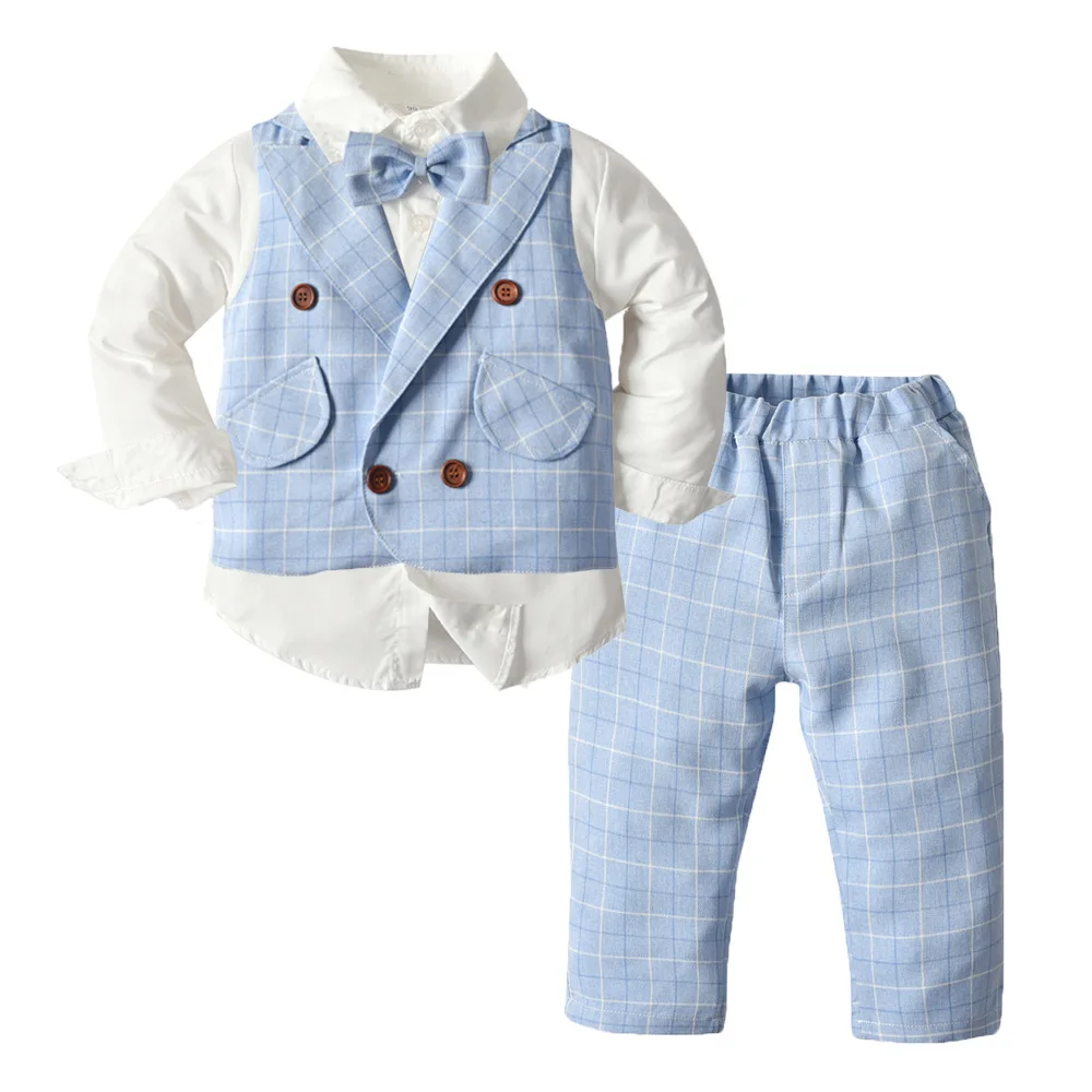 Toddler Clothes for Baby Boys Fashion Outfits Sky Blue Vest Pants with Shirt 4 PCS/Set Infant Kids Fall Outerwear Set 1-7 Years